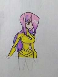 Size: 1224x1632 | Tagged: safe, artist:lynnmaprangs2005, derpibooru import, fluttershy, human, bust, clothes, cross, crossover, female, hair over one eye, humanized, parasoul, skullgirls, solo, traditional art