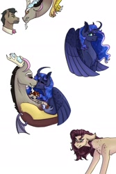 Size: 1280x1920 | Tagged: safe, artist:periwinklechick, derpibooru import, discord, doctor caballeron, princess luna, oc, oc:chimera, oc:spring caballeron, alicorn, earth pony, pony, cuddling, curved horn, female, horn, interspecies offspring, lunacord, male, mare, offspring, parent:discord, parent:doctor caballeron, parent:fluttershy, parent:tree hugger, parents:caballershy, parents:treecord, shipping, simple background, stallion, step-mother, step-parent and step-child, straight, white background