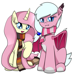 Size: 1400x1400 | Tagged: safe, artist:truffle shine, derpibooru exclusive, derpibooru import, oc, oc only, oc:bipen, oc:zoey nano, bat pony, unicorn, 2021 community collab, clothes, derpibooru community collaboration, duo, female, hairpin, horn, looking at you, not fluttershy, scarf, side by side, simple background, transparent background, wings