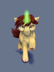 Size: 3000x4000 | Tagged: safe, artist:catscratchpaper, derpibooru import, oc, oc:ethereal divide, unicorn, charge, facing you, galloping, glowing horn, horn, magic, magic aura, male, serious, serious face, simple background, stallion, stoic