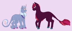Size: 1280x551 | Tagged: safe, artist:cboyd124, derpibooru import, fizzlepop berrytwist, tempest shadow, trixie, classical unicorn, pony, unicorn, broken horn, cloven hooves, female, horn, leonine tail, lesbian, looking at each other, mare, purple background, shipping, simple background, tempestrix, unshorn fetlocks