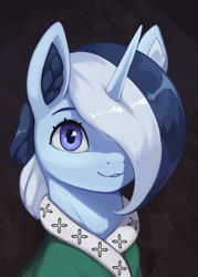 Size: 2098x2923 | Tagged: safe, artist:mrscroup, derpibooru import, oc, oc only, oc:river swirl, pony, unicorn, equestria at war mod, bust, clothes, cute, female, hair over one eye, mare, smiling, solo