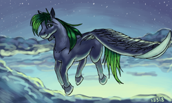 Size: 854x512 | Tagged: safe, artist:krazy katt111, derpibooru import, oc, oc only, oc:dreamer skies, pegasus, pony, complex background, flying, looking at you, pony oc, scenery, smiling, smiling at you, stars