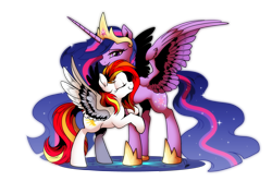 Size: 3507x2480 | Tagged: safe, artist:dormin-dim, derpibooru import, princess twilight 2.0, twilight sparkle, twilight sparkle (alicorn), oc, oc:diamond sun, alicorn, pegasus, pony, the last problem, commission, ethereal mane, female, hug, mare, simple background, spread wings, starry mane, transparent background, wings, ych result