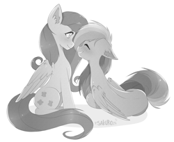 Size: 2421x1977 | Tagged: safe, artist:sakuro24, derpibooru import, fluttershy, rainbow dash, pegasus, pony, eyes closed, female, flutterdash, grayscale, lesbian, looking at each other, lying down, monochrome, shipping, simple background, sitting, smiling, white background