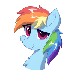 Size: 970x970 | Tagged: safe, artist:mercurysparkle, derpibooru import, rainbow dash, pegasus, pony, bedroom eyes, cheek fluff, chest fluff, ear fluff, female, looking at you, mare, simple background, smiling, solo, white background