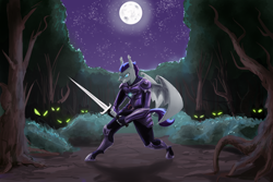Size: 2976x1991 | Tagged: safe, artist:xander, derpibooru import, oc, oc:dusk specter, anthro, bat pony, pony, timber wolf, angry, armor, bat pony oc, bat wings, cover art, everfree forest, moon, night, night guard, night guard armor, sword, thestral, weapon, wings