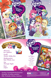 Size: 1024x1574 | Tagged: safe, artist:lailyren, artist:magfen, artist:tonyfleecs, derpibooru import, editor:wierzbagames, idw, applejack, fluttershy, pinkie pie, princess celestia, princess luna, rainbow dash, rarity, sunset shimmer, equestria girls, spoiler:comic, spoiler:comicholiday2014, banner, cellphone, clothes, compilation, cover art, credits, detective shimmer, equestria girls logo, humane five, phone, polish, smartphone, snow, traditional art emulation, winter outfit