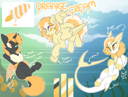 Size: 3882x2957 | Tagged: safe, artist:beardie, derpibooru import, oc, oc only, oc:orange cream, changeling, original species, pegasus, pony, shark, shark pony, commission, reference sheet, yellow changeling