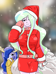 Size: 1668x2224 | Tagged: safe, artist:batipin, derpibooru import, princess celestia, princess luna, principal celestia, vice principal luna, equestria girls, breasts, chibi, christmas, clothes, costume, gloves, hair over one eye, hat, holiday, princess breastia, santa bag, santa costume, santa hat