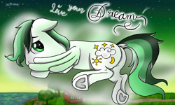 Size: 854x512 | Tagged: safe, artist:yoshi ringo, derpibooru import, oc, oc:dreamer skies, pegasus, pony, complex background, looking at you, pony oc, shy, text, underhoof