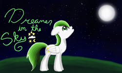 Size: 854x512 | Tagged: safe, artist:koolaid, derpibooru import, oc, oc:dreamer skies, pegasus, pony, complex background, looking up, male, moon, pegasus oc, solo, stallion, standing, text, wings