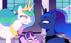 Size: 2300x1392 | Tagged: safe, artist:stuwor-art, derpibooru import, princess celestia, princess luna, starlight glimmer, alicorn, pony, unicorn, a royal problem, crown, redraw, royal sisters, scene interpretation, sisters