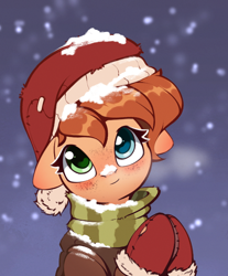 Size: 898x1087 | Tagged: safe, artist:rexyseven, derpibooru import, oc, oc only, oc:rusty gears, pony, blushing, christmas, clothes, female, floppy ears, freckles, hat, heterochromia, holiday, jacket, mare, mittens, santa hat, scarf, snow, winter