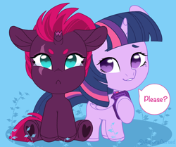 Size: 1534x1283 | Tagged: safe, artist:auroracursed, derpibooru import, tempest shadow, twilight sparkle, twilight sparkle (alicorn), alicorn, pony, unicorn, >:c, angry, broken horn, chibi, crying, cute, eye scar, female, females only, horn, lesbian, mare, scar, shipping, sitting, tears of anger, tempest shadow is not amused, tempestlight, unamused