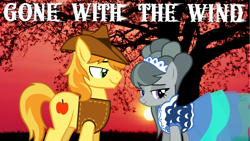 Size: 2064x1161 | Tagged: safe, anonymous artist, derpibooru import, braeburn, marble pie, braeble, clothes, cowboy, cowboy hat, cowboy vest, dress, female, gone with the wind, hat, male, movie reference, romantic, shipping, southern belle, straight, sunset, tree, youtube link