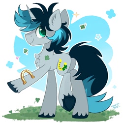 Size: 2000x2000 | Tagged: safe, artist:liquorice_sweet, derpibooru import, oc, oc only, pony, unicorn, abstract background, butt, clover, ear fluff, grass, horseshoes, looking at you, male, plot, raised hoof, raised leg, shamrock, side view, solo, stallion, underhoof, unshorn fetlocks