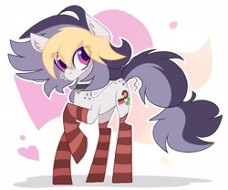 Size: 2400x2000 | Tagged: safe, artist:fodsley, artist:liquorice_sweet, derpibooru import, oc, oc only, oc:liquorice sweet, earth pony, pony, collaboration, abstract background, choker, clothes, ear fluff, eye clipping through hair, female, freckles, heart, looking at you, mare, raised hoof, socks, solo, striped socks