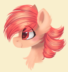 Size: 564x596 | Tagged: safe, artist:liquorice_sweet, derpibooru import, oc, oc only, pony, blushing, bust, chest fluff, ear fluff, eye clipping through hair, female, looking forward, mare, profile, simple background, smiling, solo, yellow background