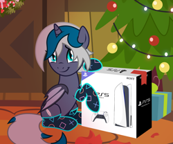 Size: 2500x2083 | Tagged: safe, alternate version, artist:oyks, derpibooru import, oc, oc only, oc:elizabat stormfeather, alicorn, bat pony, bat pony alicorn, pony, alicorn oc, bat pony oc, bat wings, box, christmas, christmas lights, christmas tree, christmas wreath, clothes, commission, console, controller, cute, female, holiday, horn, mare, ocbetes, playstation 5, present, raised hoof, sitting, socks, solo, tree, wings, wreath, ych example, ych result, your character here