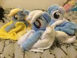 Size: 600x450 | Tagged: safe, artist:siamchuchusplushies, derpibooru import, bloo, cotton cloudy, derpy hooves, pegasus, pony, unicorn, beanie, beanie (plushie), bed, bedroom, female, filly, hat, irl, mare, photo, plushie