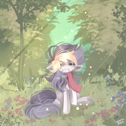 Size: 1000x1000 | Tagged: safe, artist:liquorice_sweet, derpibooru import, oc, oc only, oc:liquorice sweet, earth pony, pony, chest fluff, clothes, crepuscular rays, eyes closed, female, flower, forest, grass, mare, meadow, scarf, sitting, smiling, solo, tree, underhoof