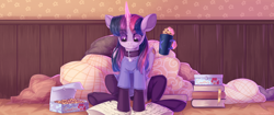 Size: 4778x2000 | Tagged: safe, artist:neonishe, derpibooru import, twilight sparkle, twilight sparkle (alicorn), alicorn, pony, clothes, collar, cookie, female, food, glowing horn, high res, horn, levitation, magic, mare, pet tag, pillow, reading, shirt, sitting, solo, stockings, t-shirt, telekinesis, thigh highs