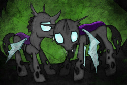 Size: 1054x704 | Tagged: safe, artist:janiceghosthunter, derpibooru import, changeling, depressed, head down, purple changeling, sad