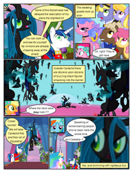 Size: 612x792 | Tagged: safe, derpibooru import, edit, edited screencap, screencap, applejack, pinkie pie, princess celestia, queen chrysalis, rainbow dash, alicorn, changeling, changeling queen, earth pony, pegasus, pony, unicorn, comic:friendship is dragons, a canterlot wedding, background pony audience, clothes, comic, dialogue, dress, female, jewelry, looking up, male, mare, mind control, peytral, screencap comic, smiling, stallion, tiara