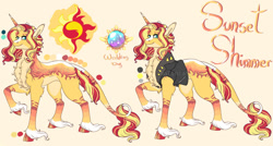 Size: 1280x688 | Tagged: safe, artist:malinraf1615, derpibooru import, sunset shimmer, classical unicorn, pony, unicorn, alternate hairstyle, chest fluff, clothes, cloven hooves, coat markings, female, jacket, jewelry, leather jacket, leg fluff, leonine tail, mare, raised hoof, redesign, reference sheet, ring, simple background, solo, unshorn fetlocks, watermark, wedding ring, yellow background