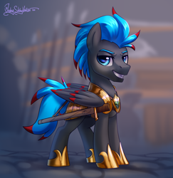 Size: 1940x2000 | Tagged: safe, artist:jedayskayvoker, oc, oc only, pegasus, pony, armor, looking at you, male, royal guard, smiling, solo, stallion, sword, teeth, two toned mane, two toned tail, two toned wings, weapon