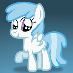 Size: 768x768 | Tagged: safe, artist:apronspawn, derpibooru import, cotton cloudy, pegasus, pony, cloud, cottonbetes, cute, cutie mark, cyan background, female, filly, raised hoof, simple background, smiling