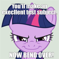 Size: 1032x1034 | Tagged: safe, derpibooru import, twilight sparkle, pony, bend over, caption, looking at you, meme, rapeface, smiling, text