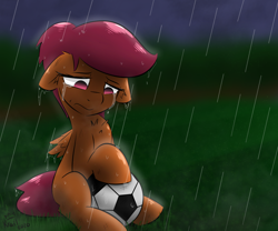 Size: 1200x1000 | Tagged: safe, artist:kingkrail, derpibooru import, scootaloo, pegasus, pony, crying, female, filly, looking down, rain, sad, sitting, soccer ball (object), solo, wet, wet mane