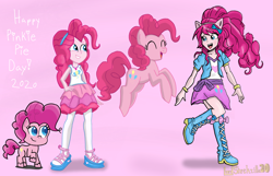 Size: 3178x2048 | Tagged: safe, artist:lordshrekzilla20, derpibooru import, pinkie pie, earth pony, human, pony, equestria girls, my little pony: pony life, 2020, eyes closed, human ponidox, jumping, kotobukiya, multeity, open mouth, self ponidox, too much pink energy is dangerous, walking