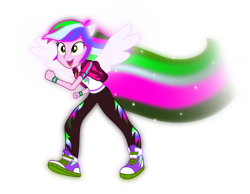 Size: 3017x2342 | Tagged: safe, artist:lincolnbrewsterfan, color edit, derpibooru exclusive, derpibooru import, edit, oc, oc:chroma zoom, equestria girls, run to break free, spoiler:eqg series (season 2), .svg available, colored, converse, geode of reverse dash, glow, happy, looking up, not rainbow dash, ponied up, rainbow trail, recolor, reverse dash, shine, shoes, simple background, singing, smiling, sparkles, svg, transparent background, vector, vector edit