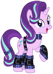 Size: 1500x2097 | Tagged: safe, artist:sketchmcreations, derpibooru import, starlight glimmer, pony, unicorn, belt, choker, edgelight glimmer, female, gameloft, gameloft interpretation, looking at you, mare, open mouth, simple background, smiling, studded bracelet, studded choker, tail band, transparent background, vector