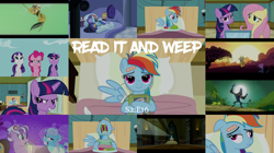 Size: 1970x1107 | Tagged: safe, derpibooru import, edit, edited screencap, editor:quoterific, screencap, ahuizotl, daring do, fluttershy, pinkie pie, rainbow dash, rarity, twilight sparkle, unicorn twilight, earth pony, pegasus, pony, unicorn, read it and weep, book, derp, derp face, hurting, nose in the air, open mouth, safari hat, twilight is not amused, unamused, vine