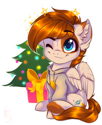 Size: 1200x1479 | Tagged: safe, artist:falafeljake, derpibooru import, oc, pegasus, pony, christmas, christmas tree, clothes, gift box, holiday, hoodie, one eye closed, solo, tree