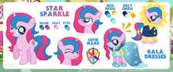 Size: 1280x533 | Tagged: safe, artist:jennieoo, derpibooru import, oc, oc:star sparkle, pony, unicorn, clothes, dress, female, filly, gala dress, happy, puffy cheeks, reference, reference sheet, smiling, solo, tongue out, vector