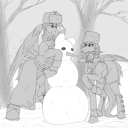 Size: 2000x2000 | Tagged: safe, artist:twotail813, derpibooru import, oc, oc only, oc:gear, oc:twotail, pegasus, black and white, clothes, coat, female, grayscale, hat, high res, male, monochrome, pegasus oc, snow, snowman, wings, winter