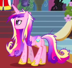 Size: 400x378 | Tagged: safe, derpibooru import, screencap, princess cadance, queen chrysalis, shining armor, alicorn, changeling, changeling queen, pony, unicorn, a canterlot wedding, butt, cropped, female, lidded eyes, lovebutt, mare, messy mane, plot, princess cadance is not amused, solo, solo focus, unamused