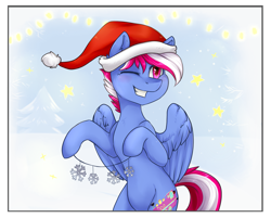 Size: 1841x1483 | Tagged: safe, artist:haruhi-il, derpibooru import, oc, oc only, oc:steam loco, pegasus, pony, christmas, commission, cute, hat, hearth's warming eve, holiday, male, pegasus oc, santa hat, smiling, snow, solo, spread wings, standing, wings, ych result