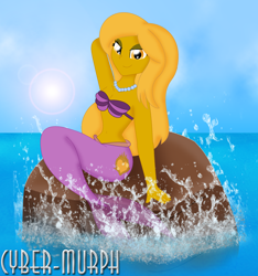 Size: 1960x2096 | Tagged: safe, artist:cyber-murph, derpibooru import, oc, oc:golden lust, mermaid, equestria girls, arm behind head, belly, belly button, bra, breasts, cleavage, commission, jewelry, lidded eyes, mermaidized, midriff, necklace, ocean, rock, seashell bra, sitting, species swap, splashing