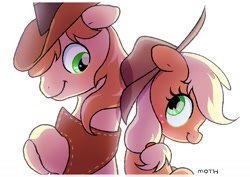 Size: 1457x1032 | Tagged: safe, artist:mochi_nation, derpibooru import, applejack, braeburn, earth pony, pony, applejack's hat, cousins, cowboy hat, crossed arms, female, hat, looking at each other, male, mare, simple background, smiling, stallion, white background