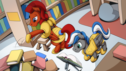 Size: 2560x1440 | Tagged: safe, artist:mysticalpha, derpibooru import, oc, oc:captain sunride, oc:cloud zapper, pegasus, pony, armor, book, bookshelf, male, pegasus oc, royal guard, royal guard armor, royal guard oc, stallion, wings