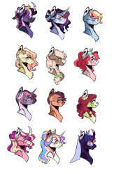 Size: 1654x2533 | Tagged: safe, artist:orphicdove, derpibooru import, apple bloom, applejack, fluttershy, pinkie pie, princess cadance, princess celestia, princess luna, rainbow dash, rarity, scootaloo, sweetie belle, twilight sparkle, alicorn, earth pony, pegasus, pony, unicorn, alternate universe, au:chaoticverse, redesign, simple background, solo, transparent background