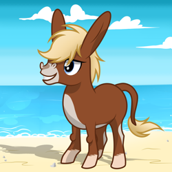 Size: 2500x2500 | Tagged: safe, artist:pizzamovies, derpibooru import, oc, oc only, oc:bryce, donkey, beach, male, sand, show accurate, smiling, solo, unshorn fetlocks