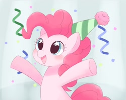 Size: 2048x1628 | Tagged: safe, artist:ginmaruxx, derpibooru import, pinkie pie, earth pony, pony, blushing, bust, confetti, cute, diapinkes, female, hat, hooves out, mare, open mouth, party hat, smiling, solo, starry eyes, streamers, three quarter view, wingding eyes