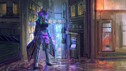 Size: 3840x2160 | Tagged: safe, artist:museuk, derpibooru import, oc, oc only, oc:dawn sentry, anthro, bat pony, background, boots, clothes, coat, cyberpunk, dumpster, dyed hair, dyed mane, female, glasses, looking at you, rain, science fiction, shoes, solo, trenchcoat